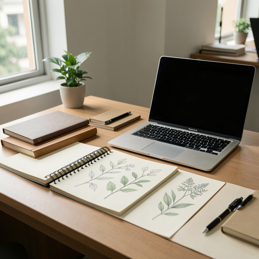 Editorial desk with notebooks, botanical sketches and a laptop in a calm Jakarta workspace