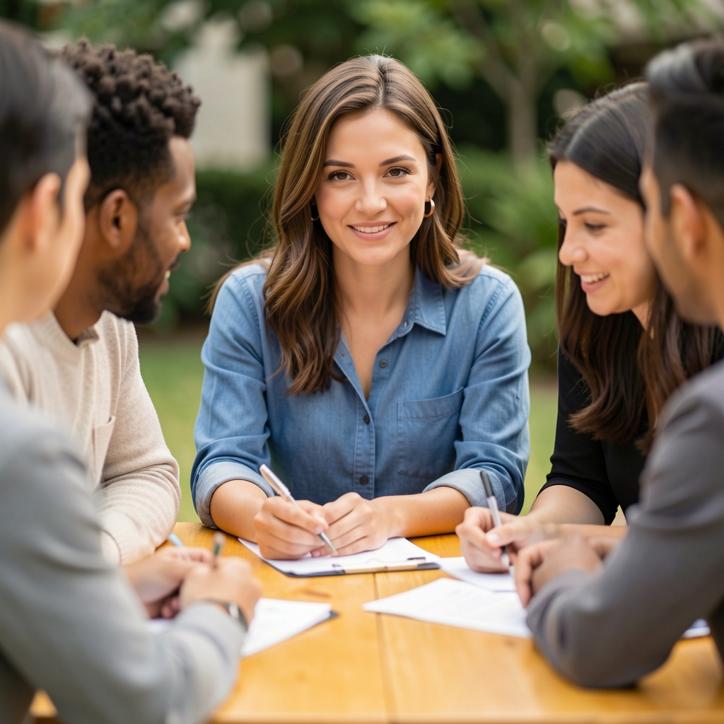 Small diverse editorial team discussing health notes around a bright wooden table