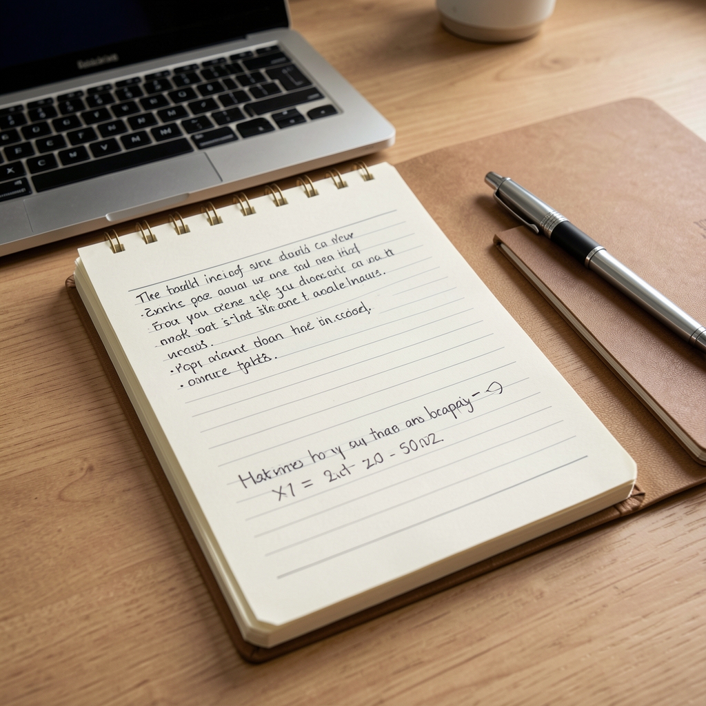 Editorial inbox notebook with correction notes and a pen beside a laptop