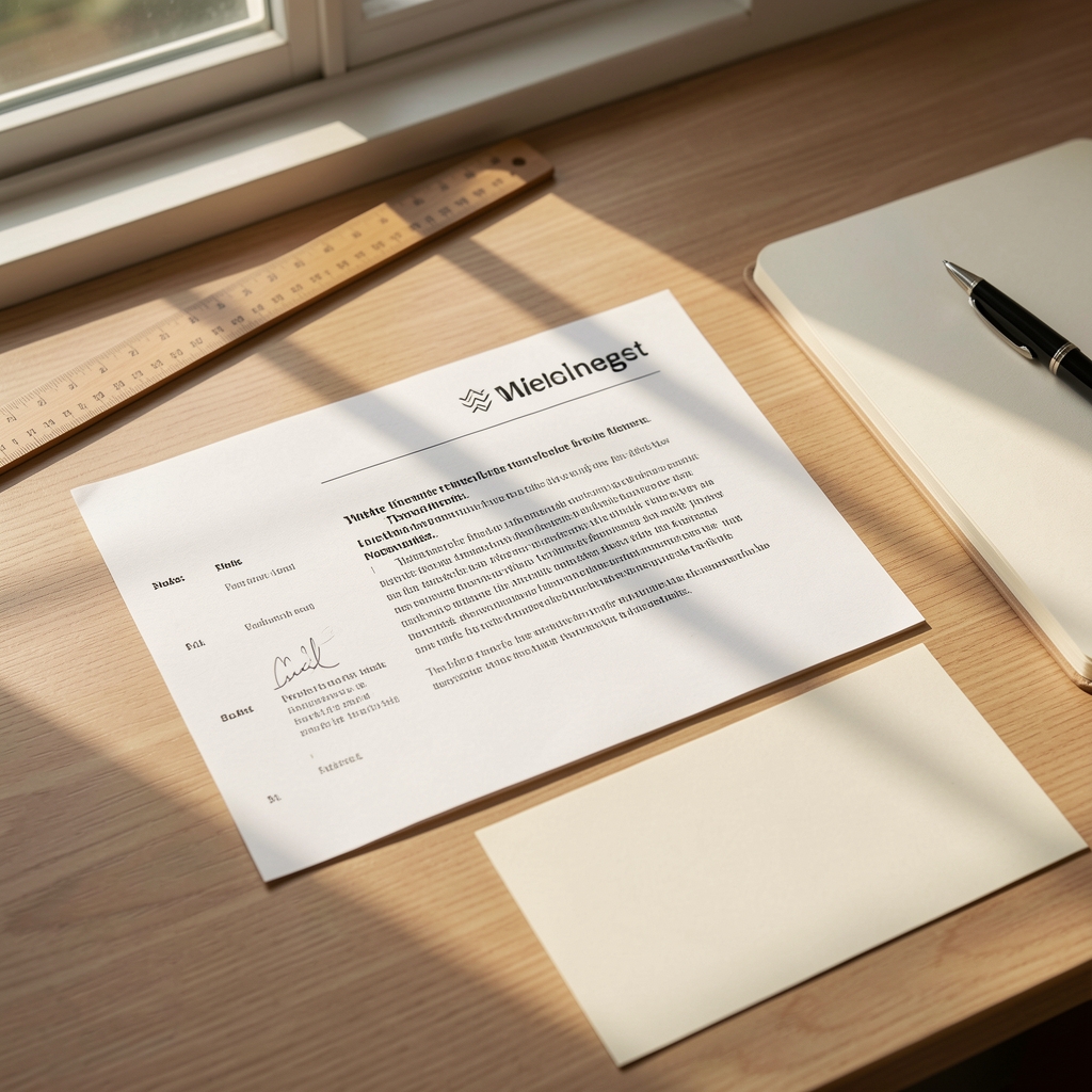 Editorial desk with printed wellbeing notes, wooden ruler, notebook and sunlight across the page