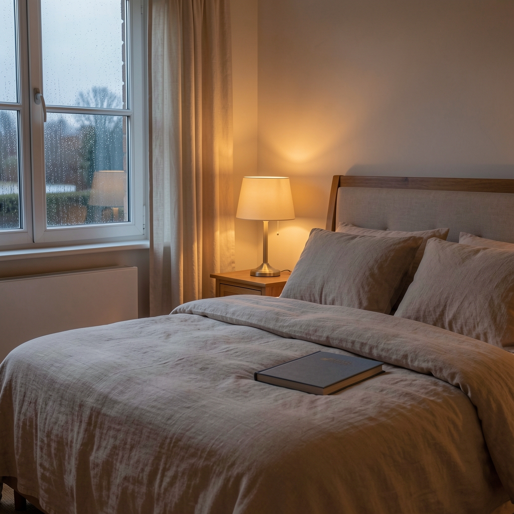 Warm bedroom with linen bedding, reading lamp, closed book and rain-softened window at dusk
