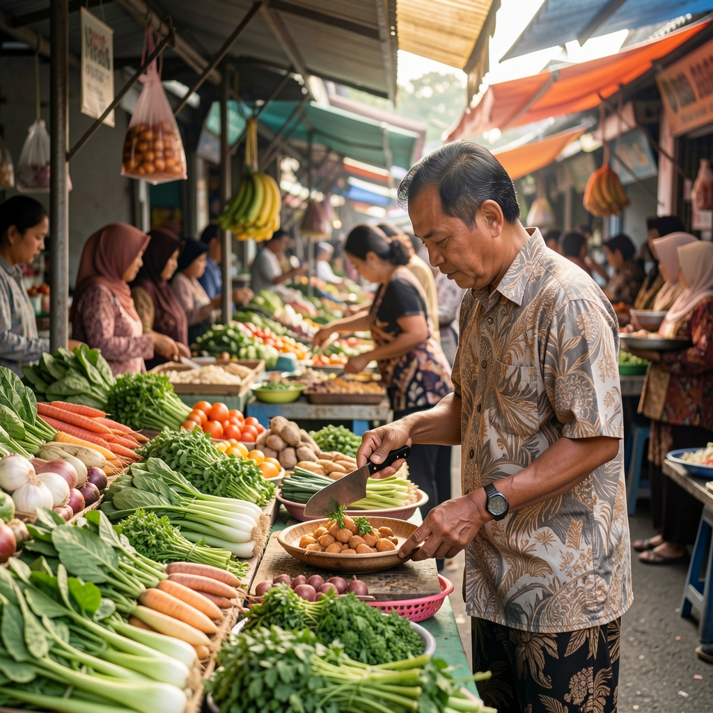 Indonesian morning market with fresh vegetables, herbs and a man choosing ingredients for breakfast