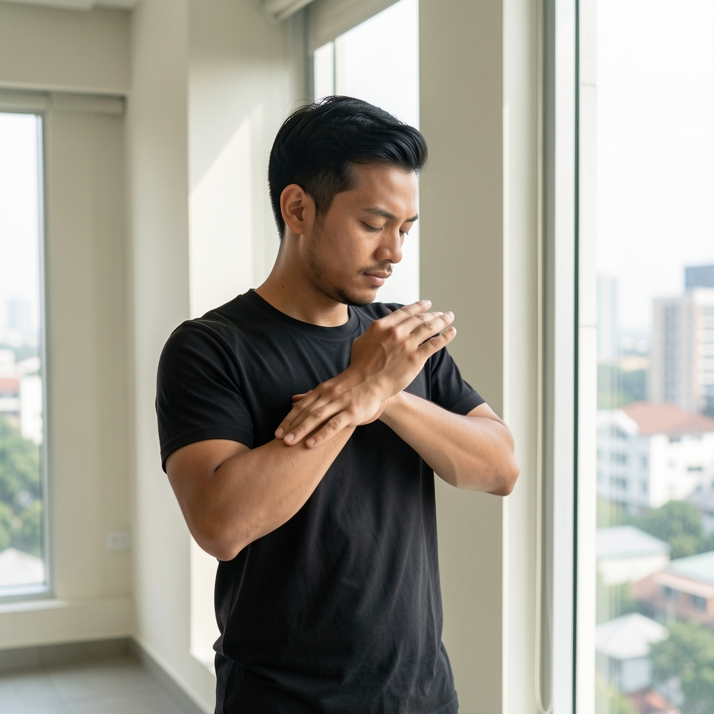 Man performing a gentle shoulder mobility routine beside a bright Jakarta window