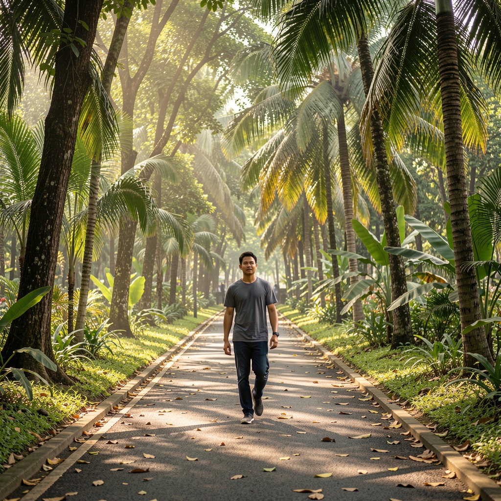 Leafy public park path in Jakarta with a man walking beneath tropical trees in morning light