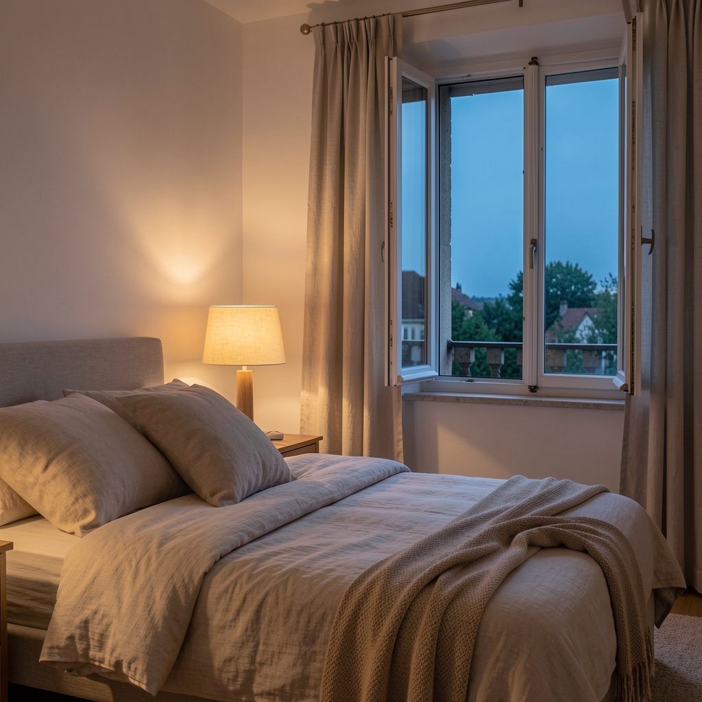 Quiet bedroom with natural linen, reading lamp and open window at blue hour